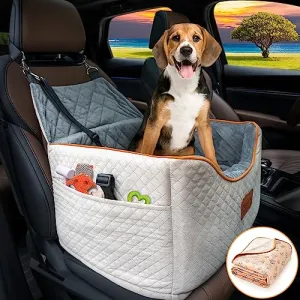 AlfaTok Memory Foam Booster Dog Car Seat with Washable Removable Cover, Elevated Pet Car Seat, Anti-Slip Sturdy Dog Booster Seats for Small Dogs 35lbs, Dog Seat Belt, Storage Pocket, Dog Blankets