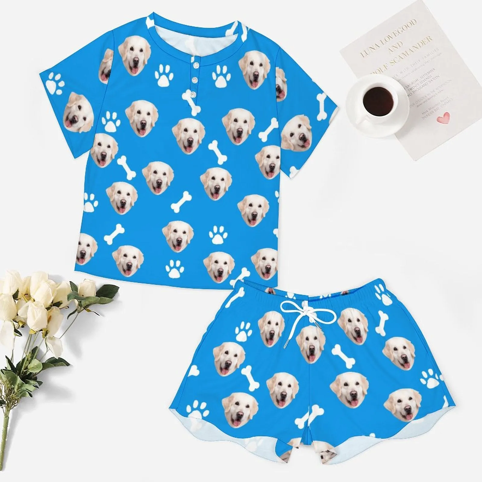 Custom Face Pet Footprint&Bone Print Pajama Set Women's Short Sleeve Top and Shorts Loungewear Athletic Tracksuits
