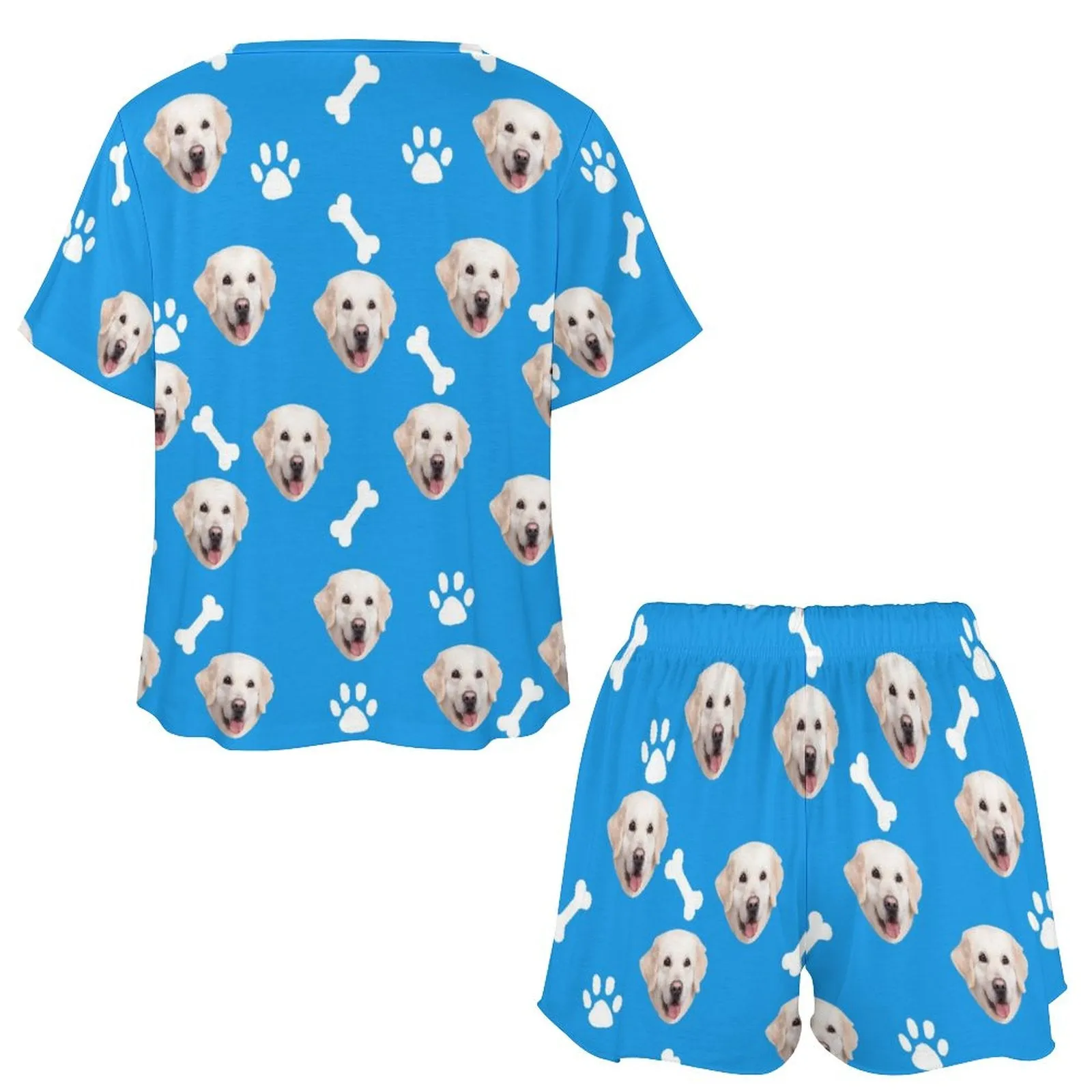 Custom Face Pet Footprint&Bone Print Pajama Set Women's Short Sleeve Top and Shorts Loungewear Athletic Tracksuits