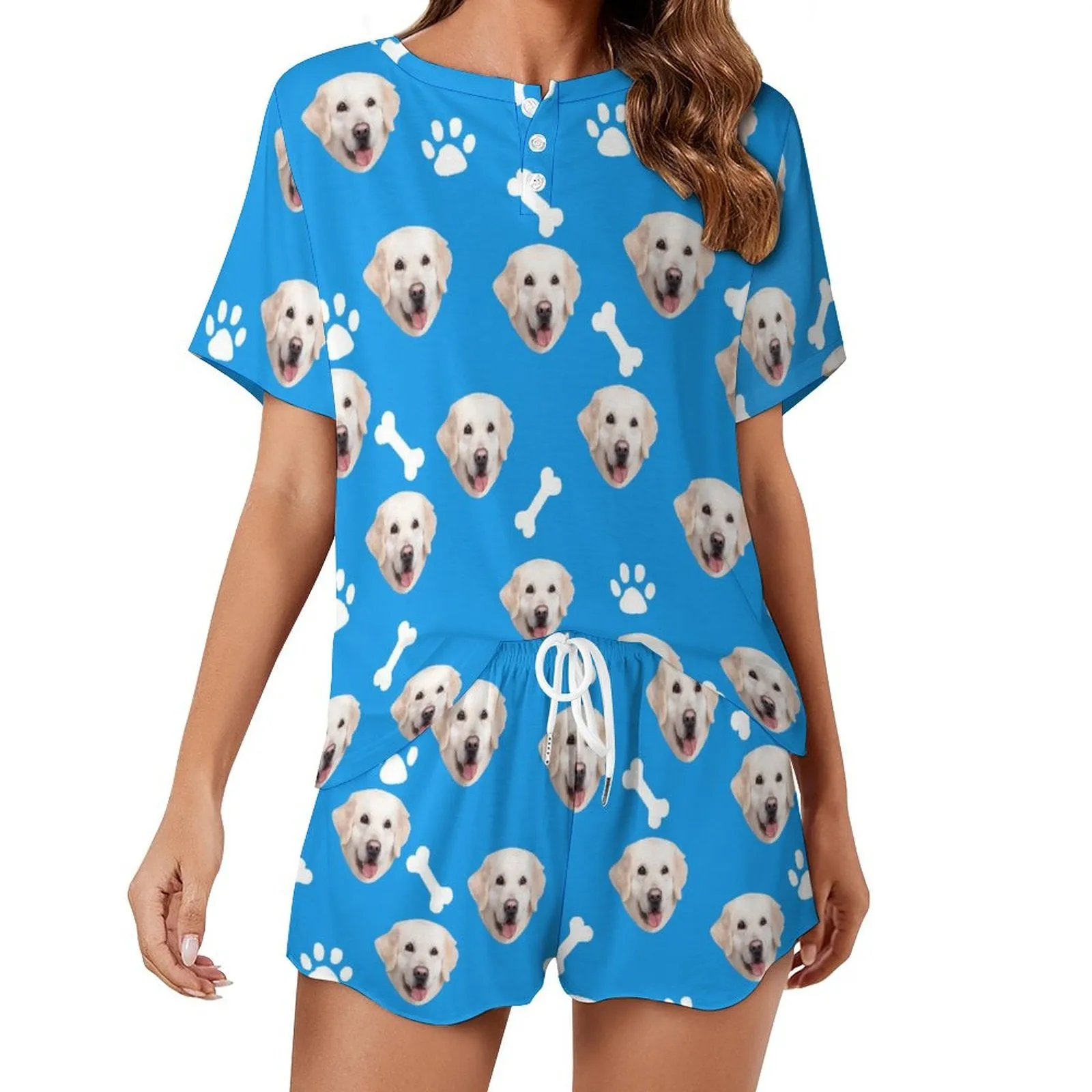 Custom Face Pet Footprint&Bone Print Pajama Set Women's Short Sleeve Top and Shorts Loungewear Athletic Tracksuits