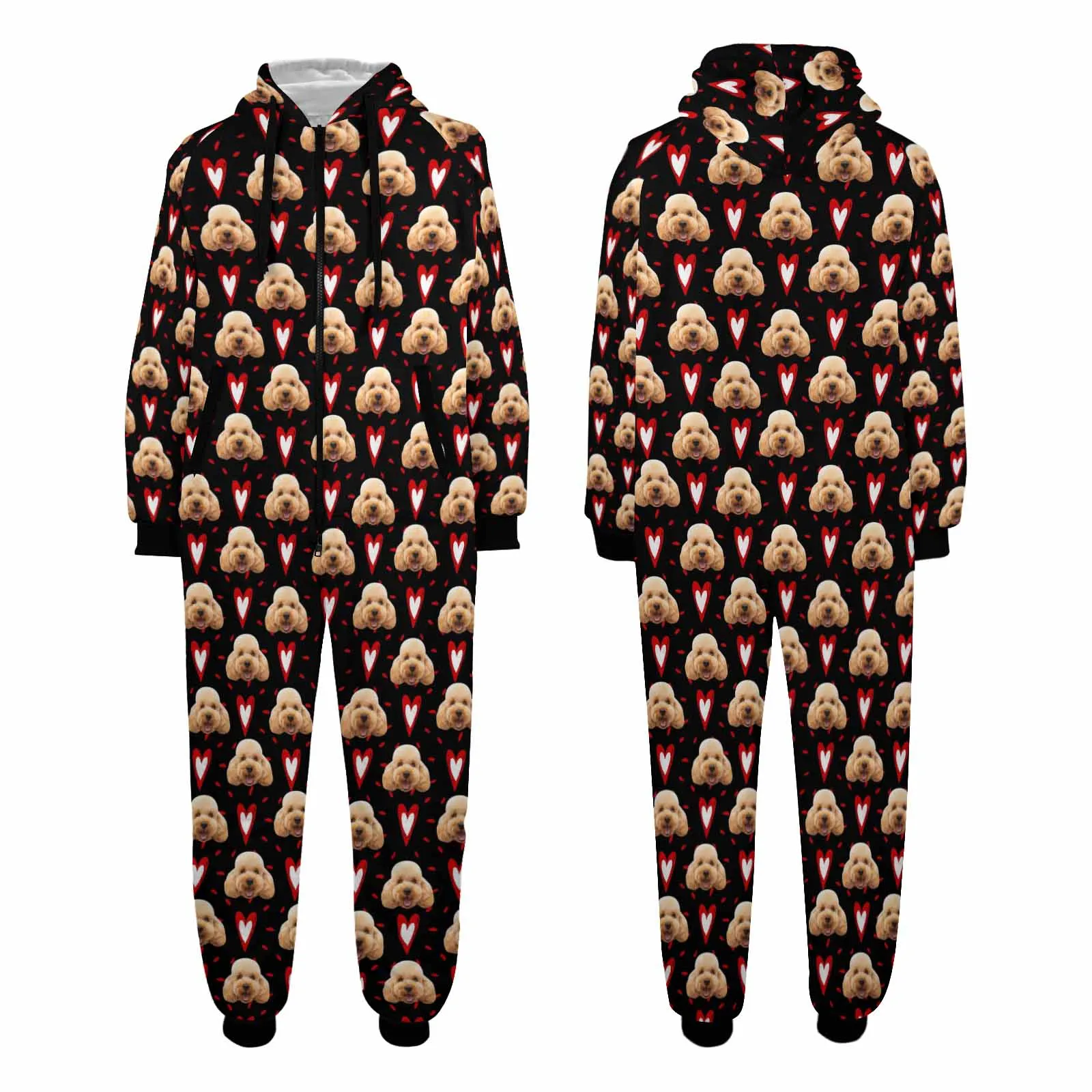 Flannel Fleece Adult/Kid Onesie Pajamas Custom Pet Face Love Heart Jumpsuit Homewear