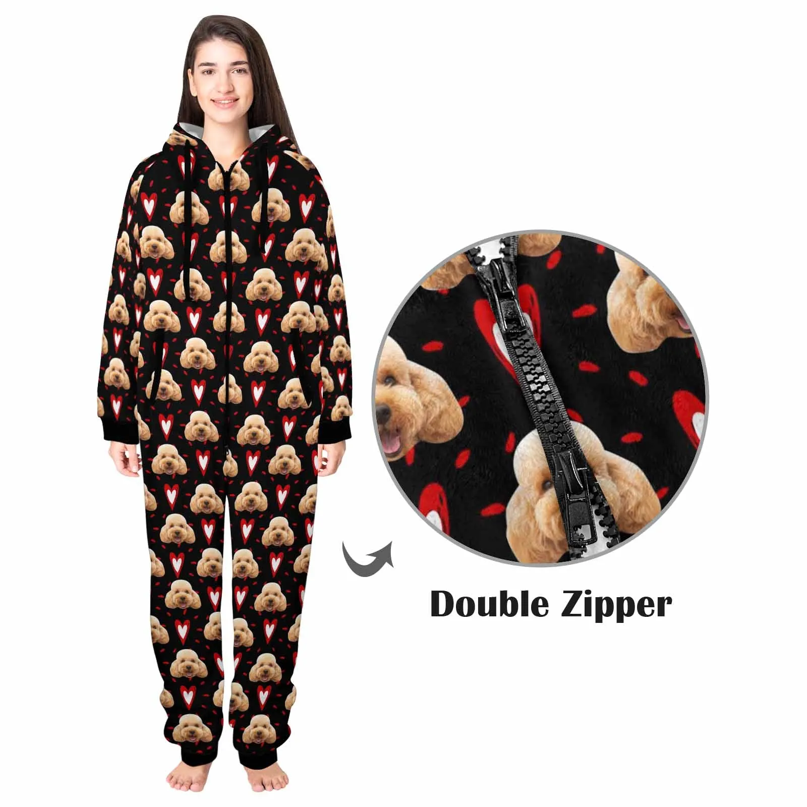 Flannel Fleece Adult/Kid Onesie Pajamas Custom Pet Face Love Heart Jumpsuit Homewear