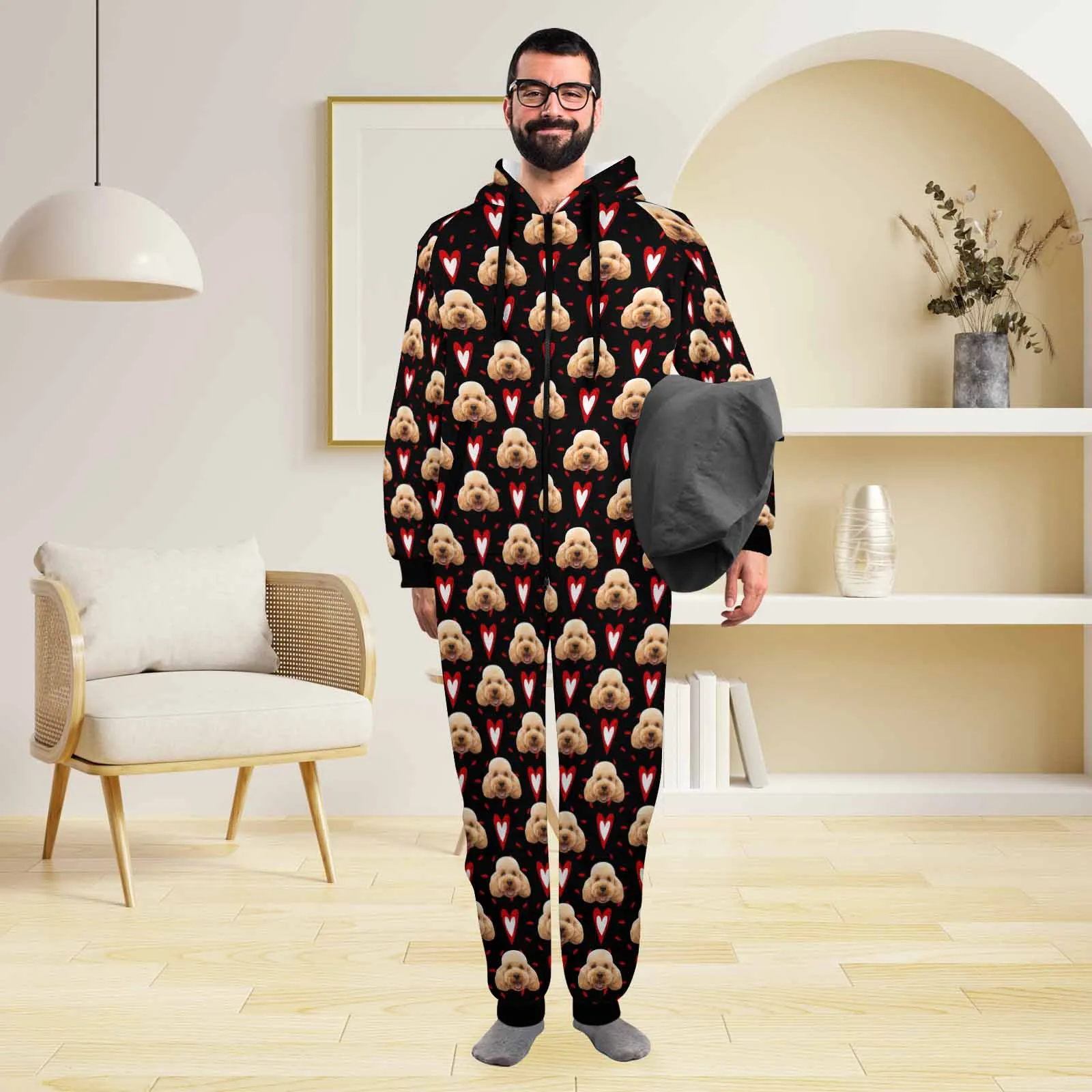 Flannel Fleece Adult/Kid Onesie Pajamas Custom Pet Face Love Heart Jumpsuit Homewear