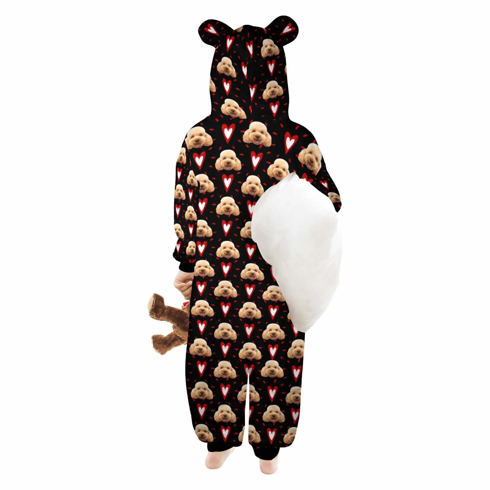 Flannel Fleece Adult/Kid Onesie Pajamas Custom Pet Face Love Heart Jumpsuit Homewear