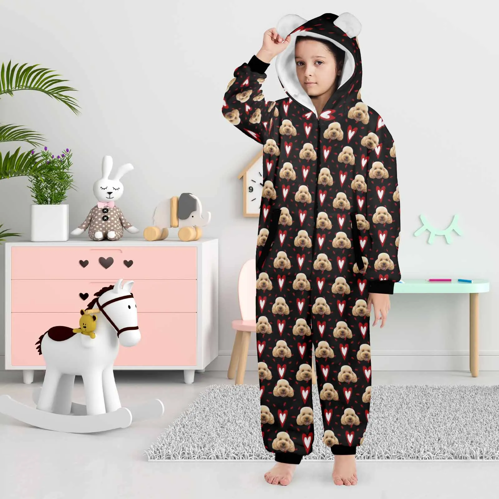 Flannel Fleece Adult/Kid Onesie Pajamas Custom Pet Face Love Heart Jumpsuit Homewear