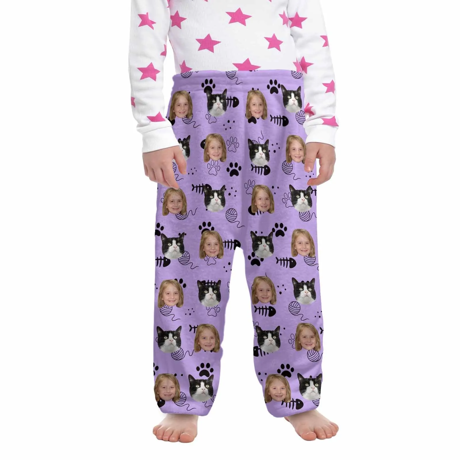 Flannel Pants for 2-15Y Kids-Custom Pet Photo Cute Cat and Me Pajama Pants 100% Soft Flannel For Winter