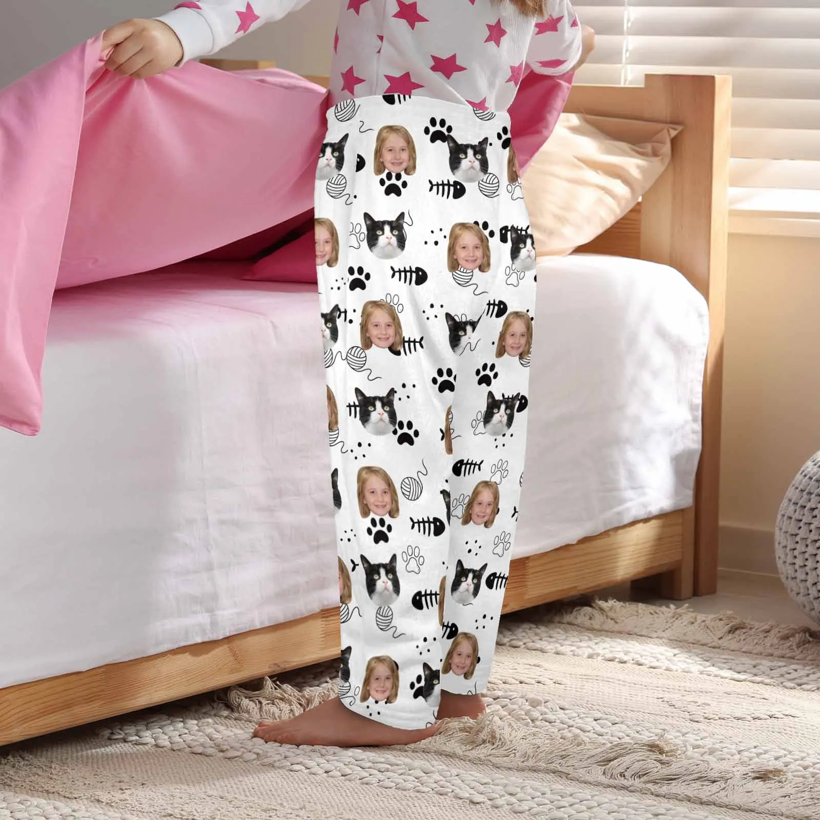 Flannel Pants for 2-15Y Kids-Custom Pet Photo Cute Cat and Me Pajama Pants 100% Soft Flannel For Winter