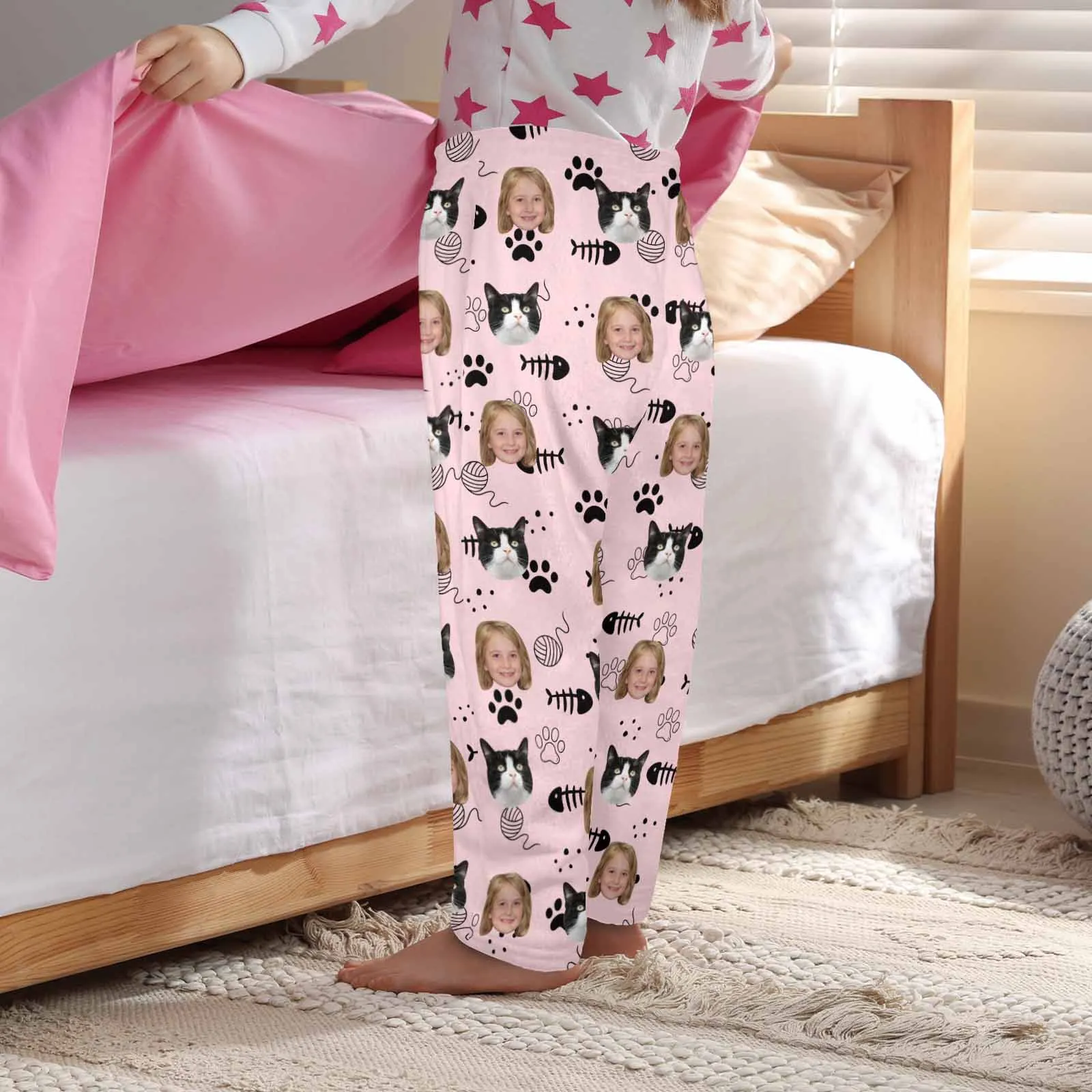 Flannel Pants for 2-15Y Kids-Custom Pet Photo Cute Cat and Me Pajama Pants 100% Soft Flannel For Winter