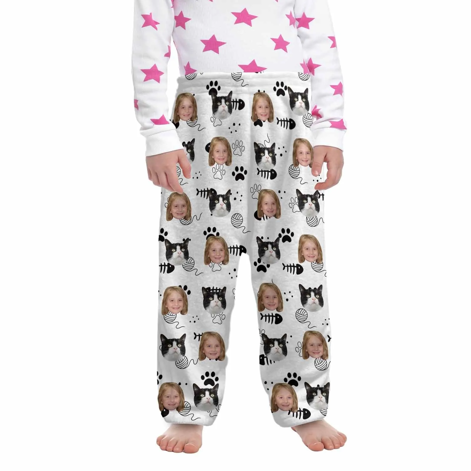Flannel Pants for 2-15Y Kids-Custom Pet Photo Cute Cat and Me Pajama Pants 100% Soft Flannel For Winter