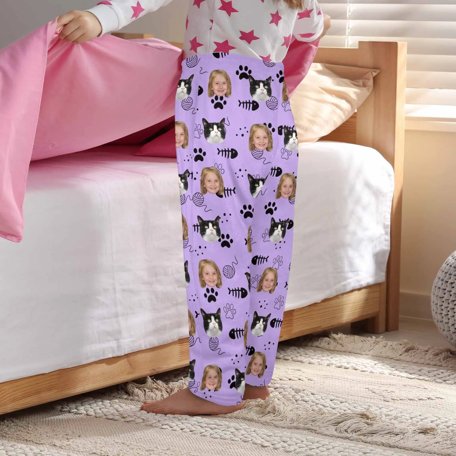 Flannel Pants for 2-15Y Kids-Custom Pet Photo Cute Cat and Me Pajama Pants 100% Soft Flannel For Winter