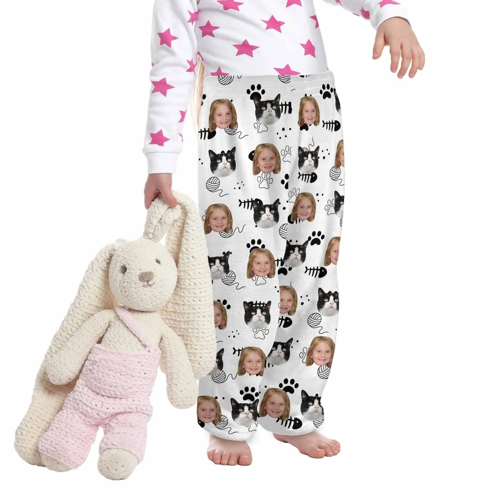 Flannel Pants for 2-15Y Kids-Custom Pet Photo Cute Cat and Me Pajama Pants 100% Soft Flannel For Winter