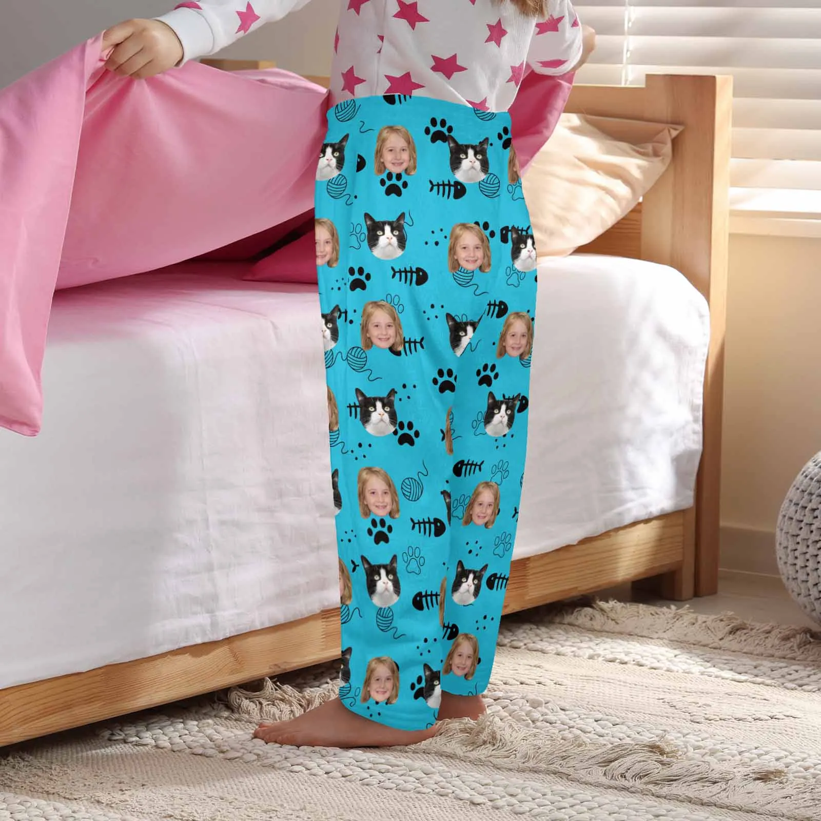 Flannel Pants for 2-15Y Kids-Custom Pet Photo Cute Cat and Me Pajama Pants 100% Soft Flannel For Winter