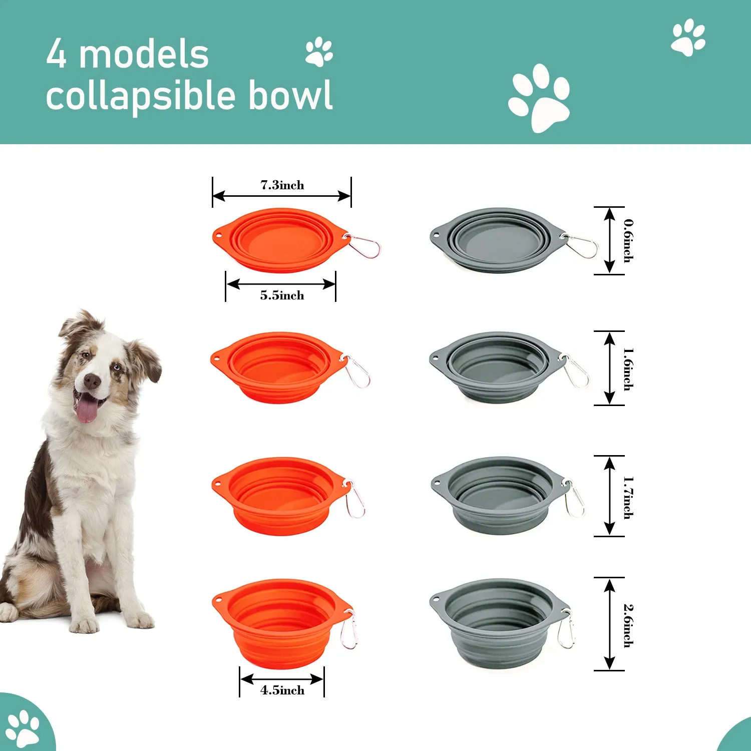GOOPAWS 2 Pack Silicone Non-Skid Travel Dog and Cat Bowl, Orange&Grey