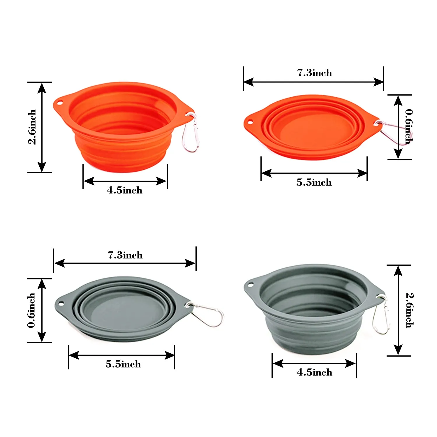 GOOPAWS 2 Pack Silicone Non-Skid Travel Dog and Cat Bowl, Orange&Grey