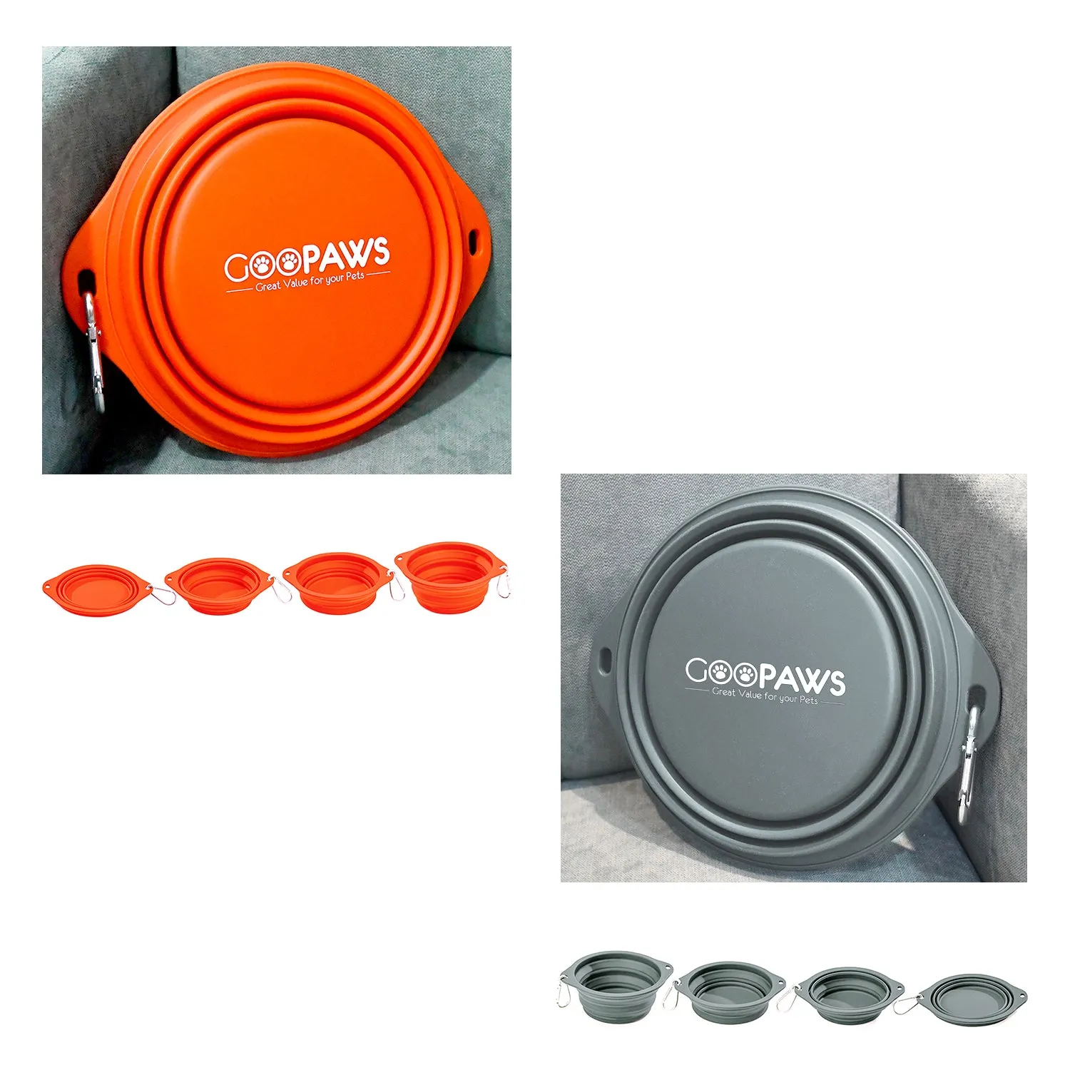 GOOPAWS 2 Pack Silicone Non-Skid Travel Dog and Cat Bowl, Orange&Grey