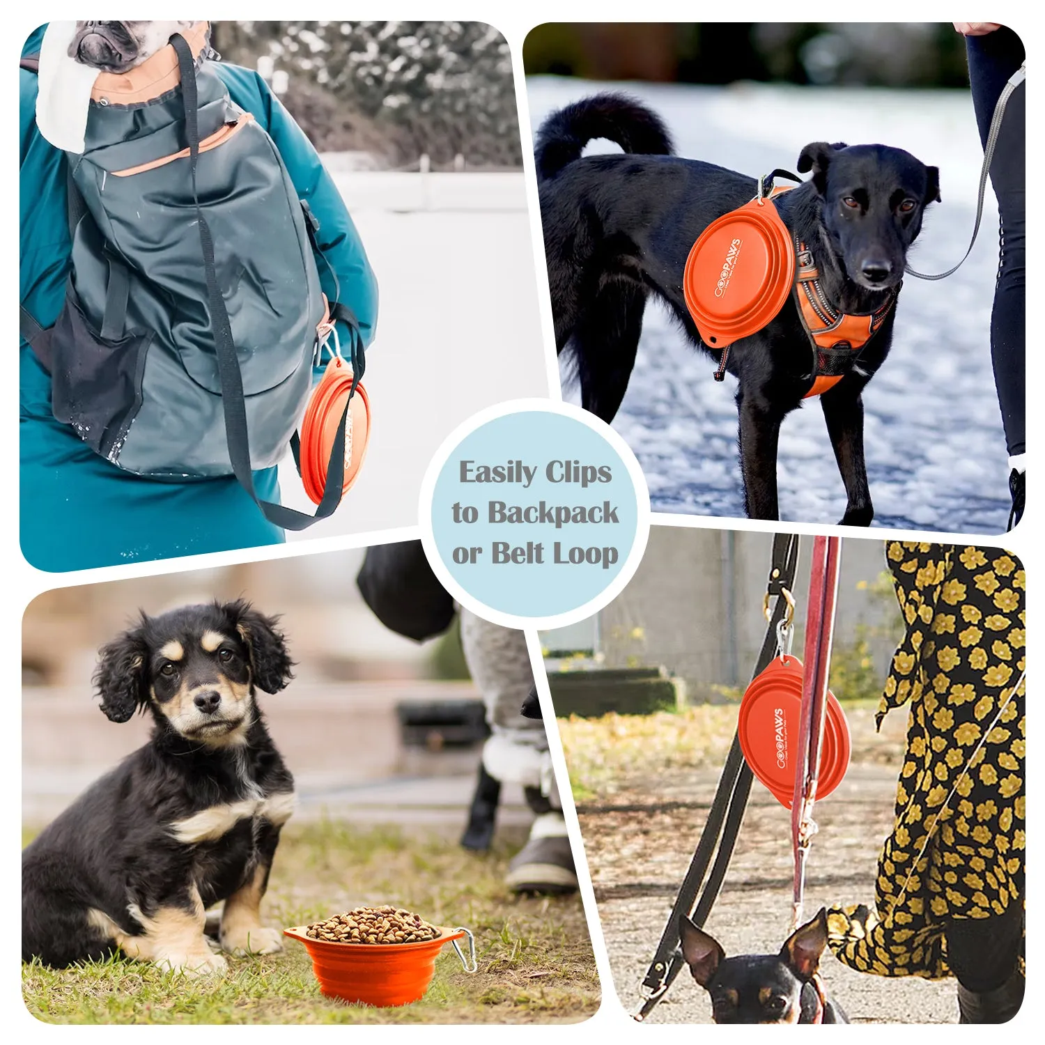 GOOPAWS 2 Pack Silicone Non-Skid Travel Dog and Cat Bowl, Orange&Grey