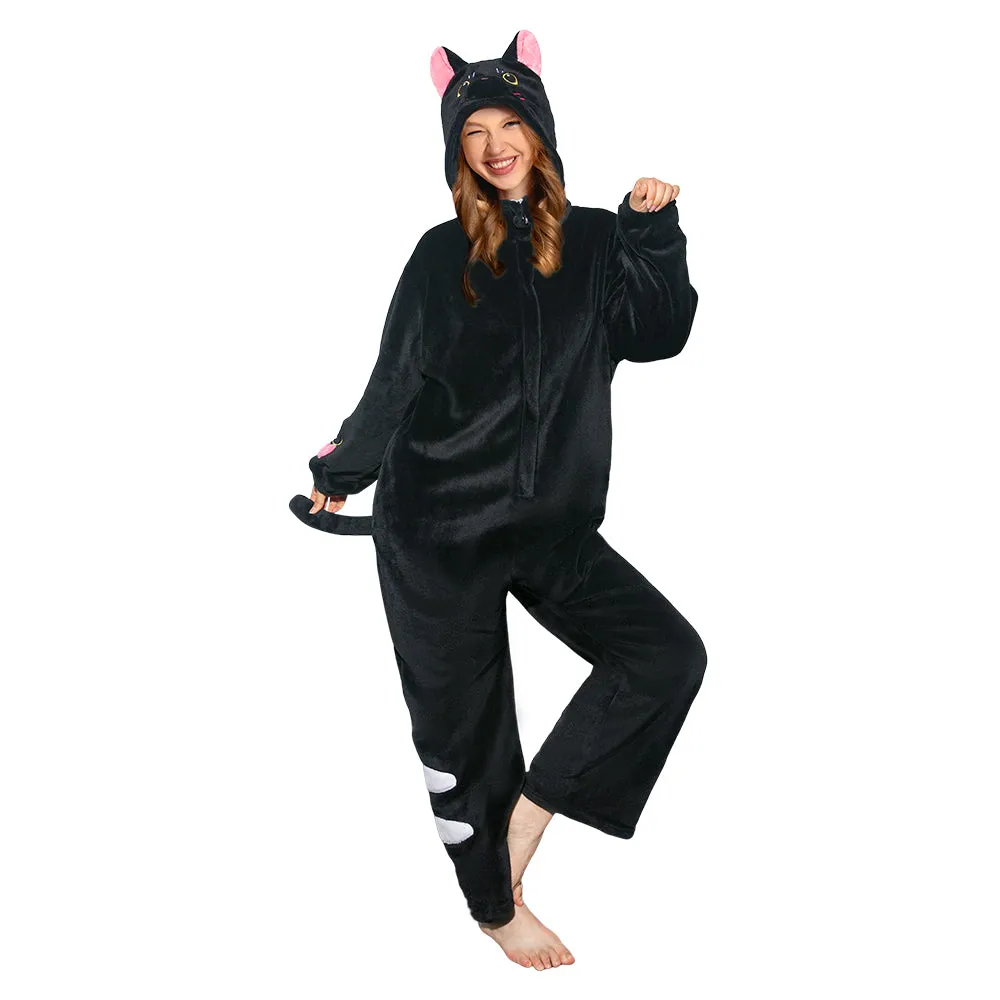 OLAOLA Unisex Adult Plush Black Cat Animals Onesie Pajamas Warm Home Pet One-Piece Sleepwear