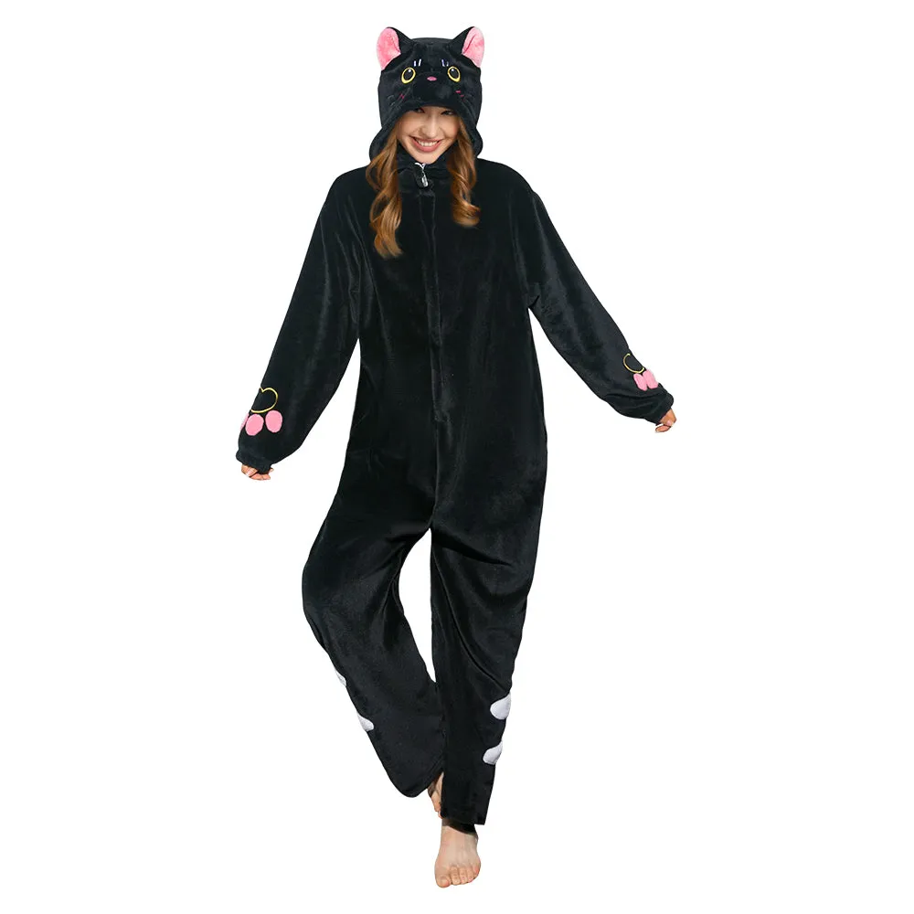 OLAOLA Unisex Adult Plush Black Cat Animals Onesie Pajamas Warm Home Pet One-Piece Sleepwear