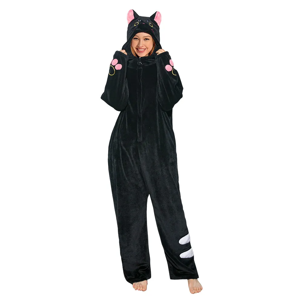 OLAOLA Unisex Adult Plush Black Cat Animals Onesie Pajamas Warm Home Pet One-Piece Sleepwear