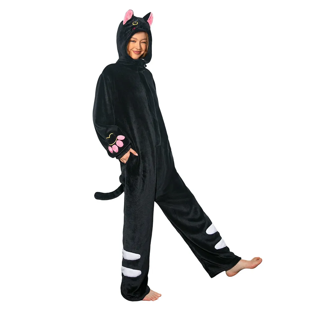 OLAOLA Unisex Adult Plush Black Cat Animals Onesie Pajamas Warm Home Pet One-Piece Sleepwear