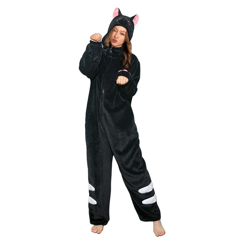 OLAOLA Unisex Adult Plush Black Cat Animals Onesie Pajamas Warm Home Pet One-Piece Sleepwear