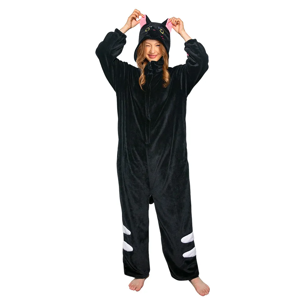 OLAOLA Unisex Adult Plush Black Cat Animals Onesie Pajamas Warm Home Pet One-Piece Sleepwear