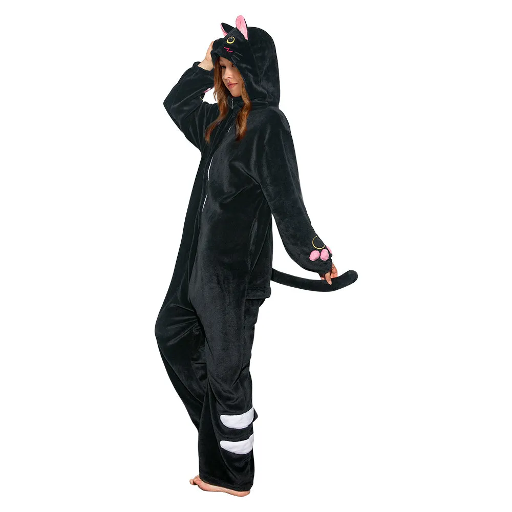 OLAOLA Unisex Adult Plush Black Cat Animals Onesie Pajamas Warm Home Pet One-Piece Sleepwear