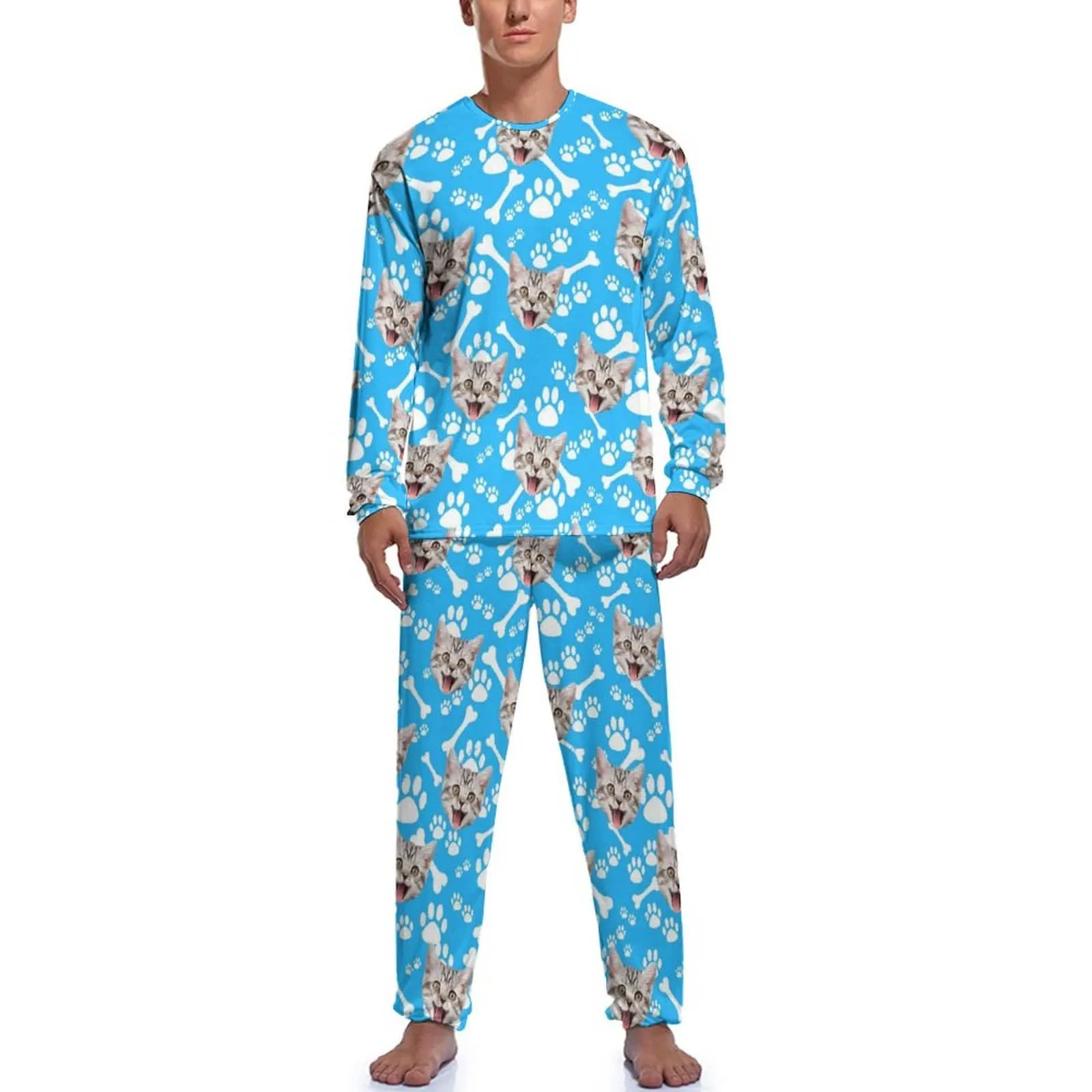 Personalized Photo Crewneck Long Pet Pajama Set Custom Face Cat's Footprints Men's Pajamas