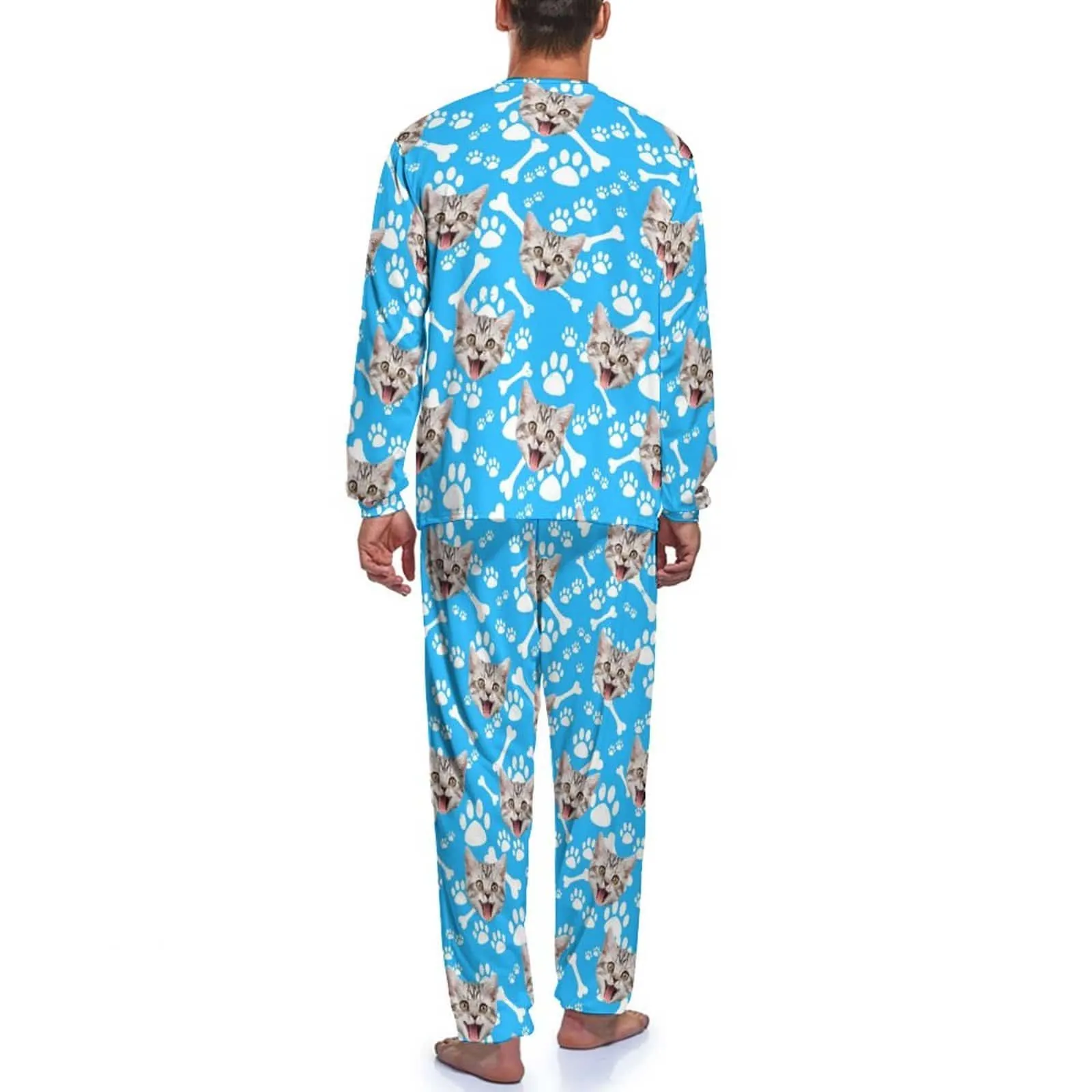 Personalized Photo Crewneck Long Pet Pajama Set Custom Face Cat's Footprints Men's Pajamas