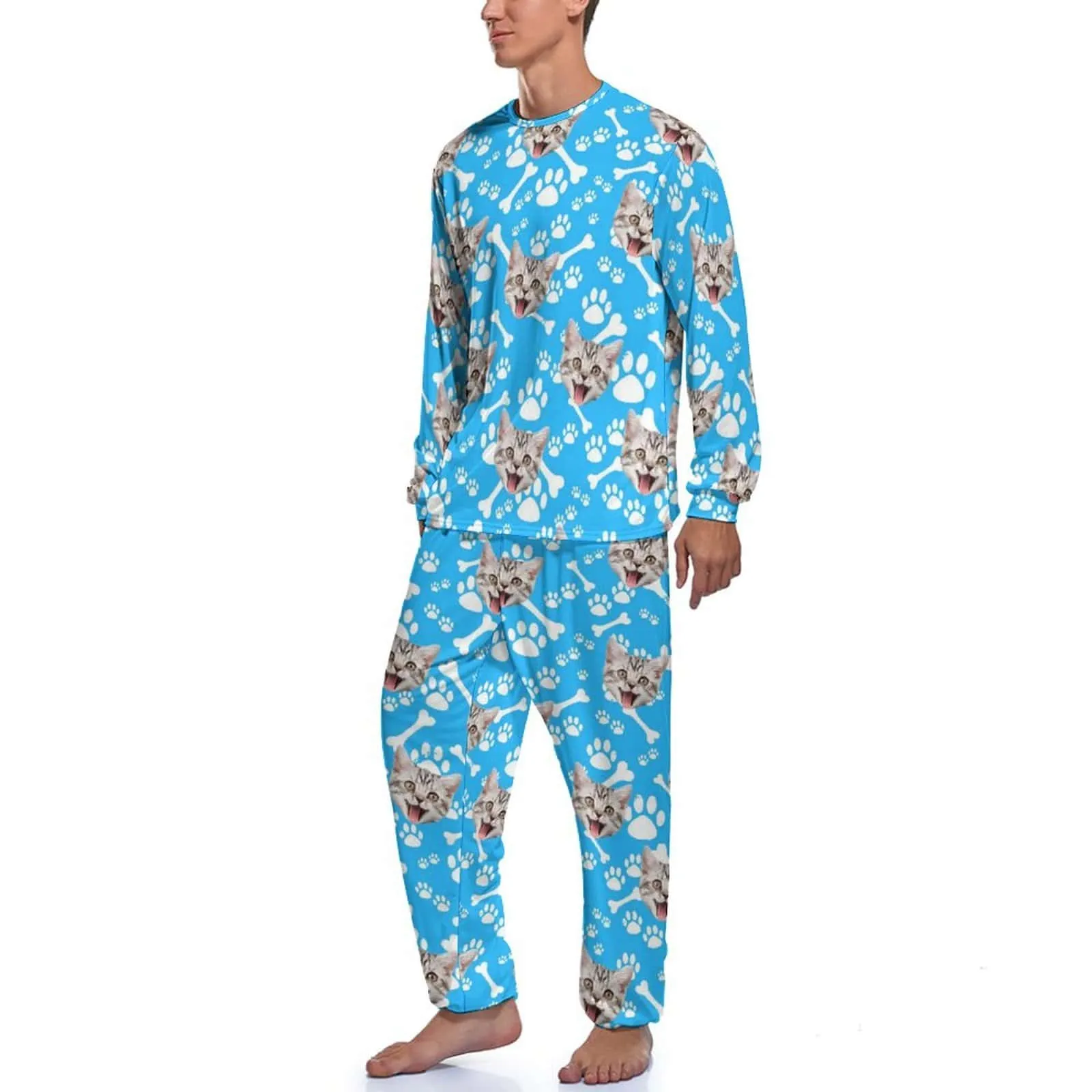 Personalized Photo Crewneck Long Pet Pajama Set Custom Face Cat's Footprints Men's Pajamas