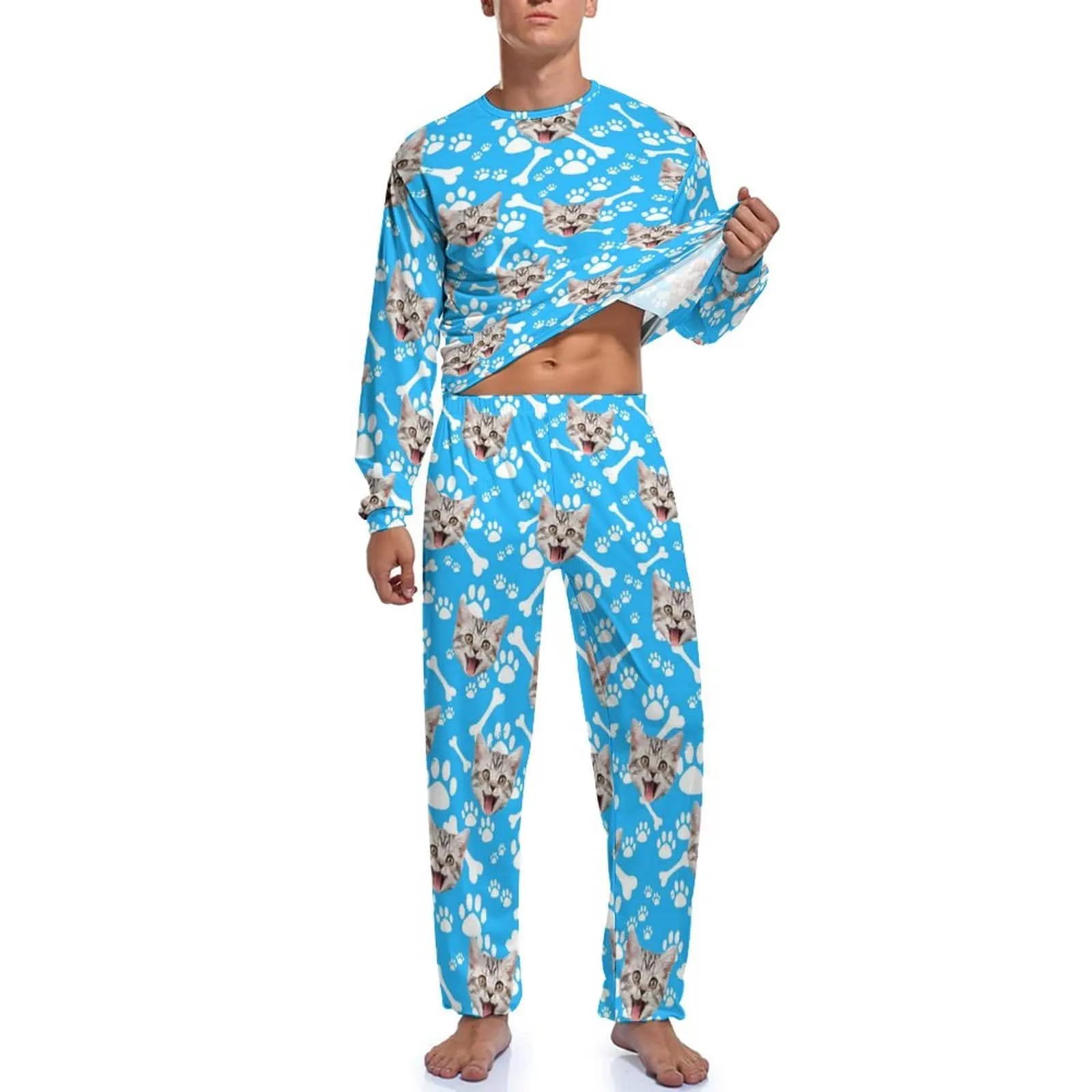 Personalized Photo Crewneck Long Pet Pajama Set Custom Face Cat's Footprints Men's Pajamas