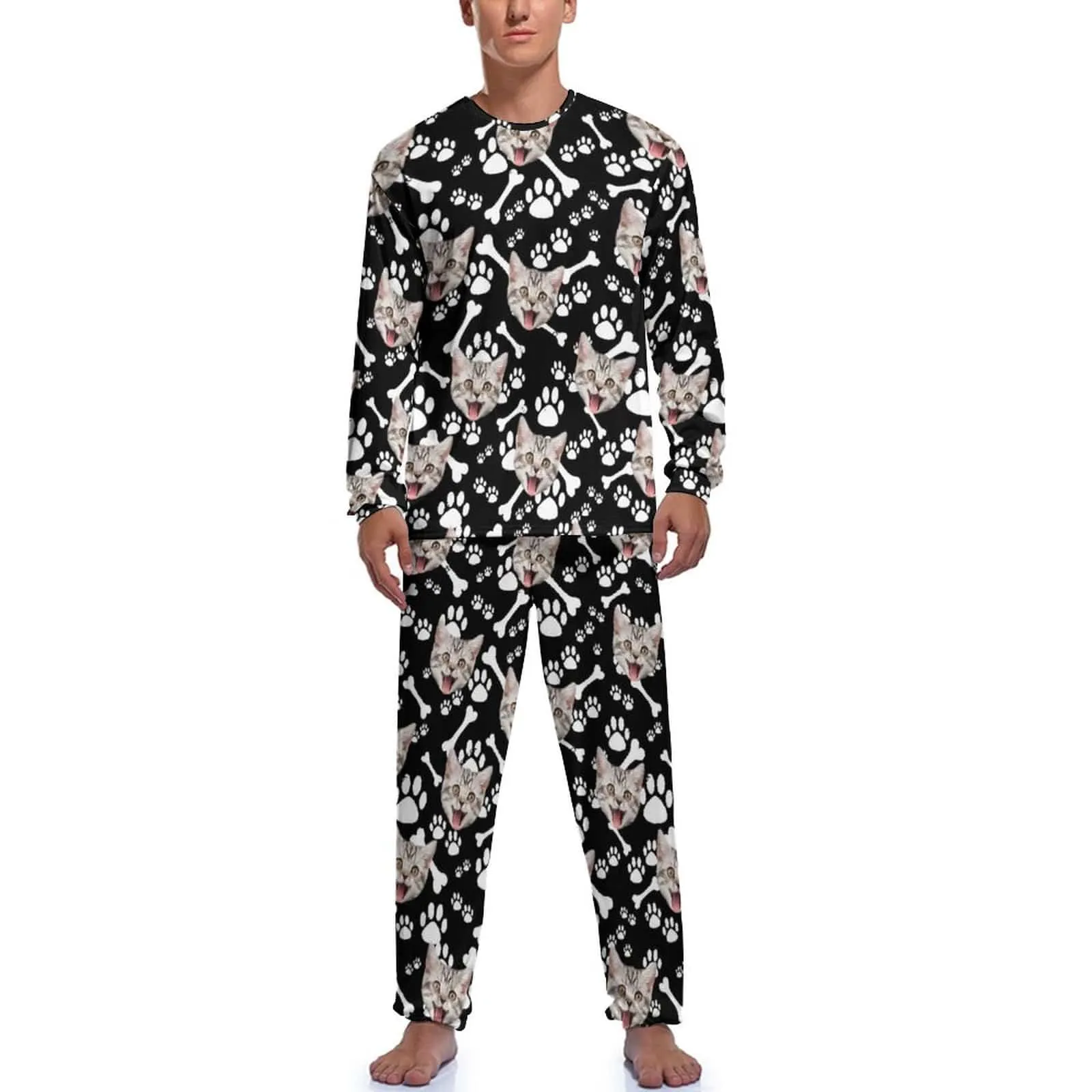 Personalized Photo Crewneck Long Pet Pajama Set Custom Face Cat's Footprints Men's Pajamas