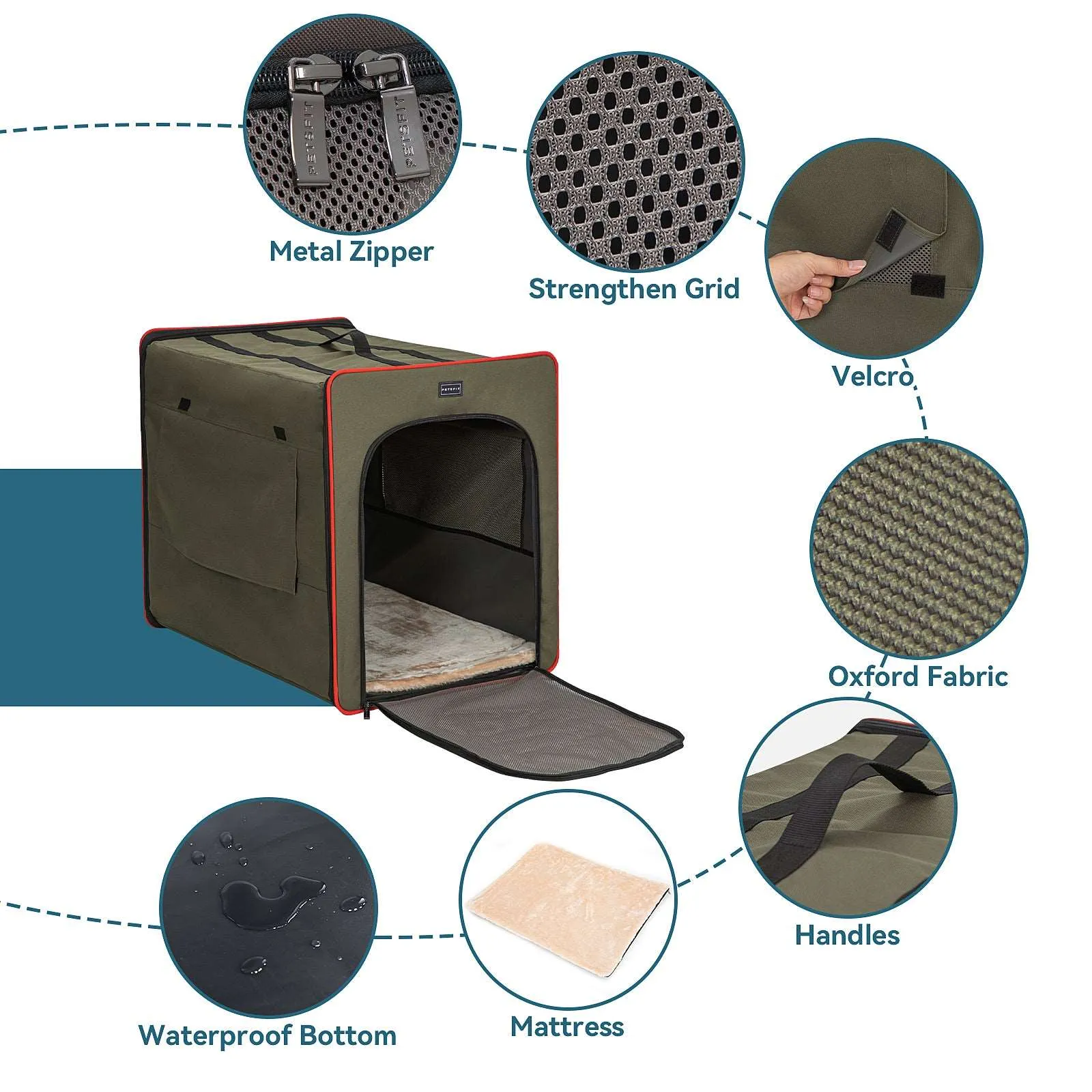 PETSFIT Sturdy Wire Frame Soft Pet Crate Collapsible for Travel