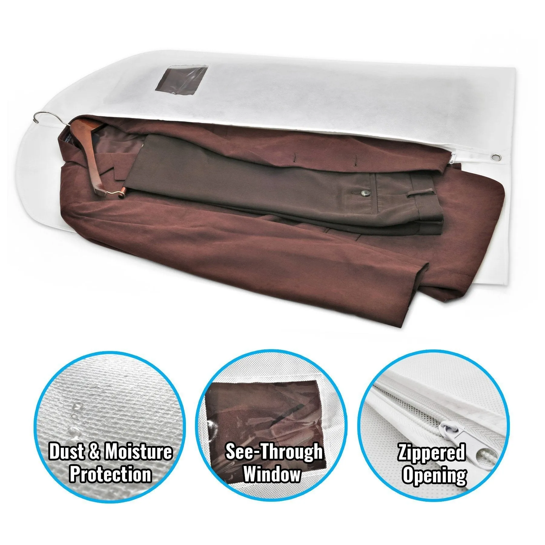 Plixio 40" Travel Garment Bags for Clothing Storage of Suits, Dresses, Dance Costumes - Hanging Clothes Bag with Window and Zipper (10 Pack)